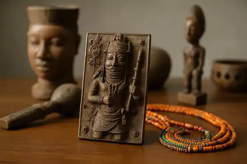 afrikanischer Kulturgüter – Nachstellung von Bronzen, Skulpturen und Schmuck als Illustration zum Thema Rückgabe kolonialer Objekte aus Deutschland.